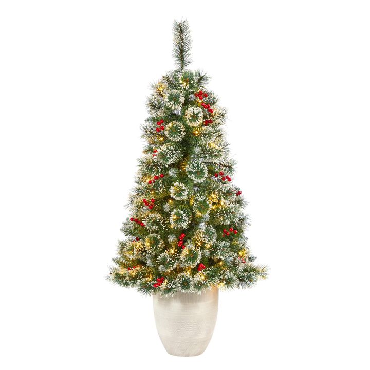 Nearly Natural 50-in Frosted Swiss Pine Christmas Tree 100 LED in Planter