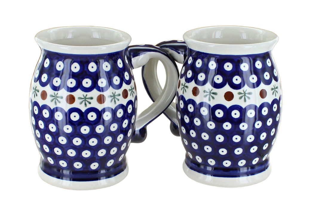 Blue Rose Polish Pottery Peacock Beer Mug Set