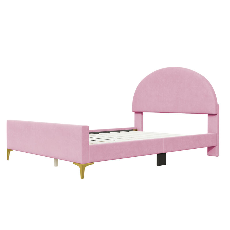 Full Size Upholstered Platform Bed with Classic Semicircle Shaped headboard and Mental Legs, Velvet, Pink