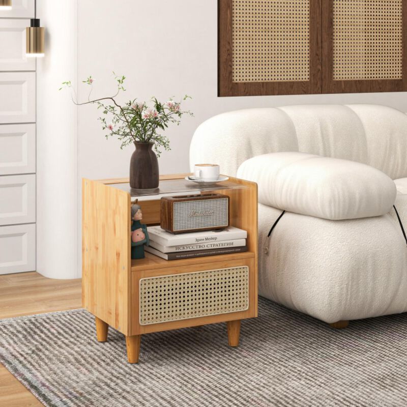 Hivvago Bamboo Rattan Nightstand with Drawer and Solid Wood Legs
