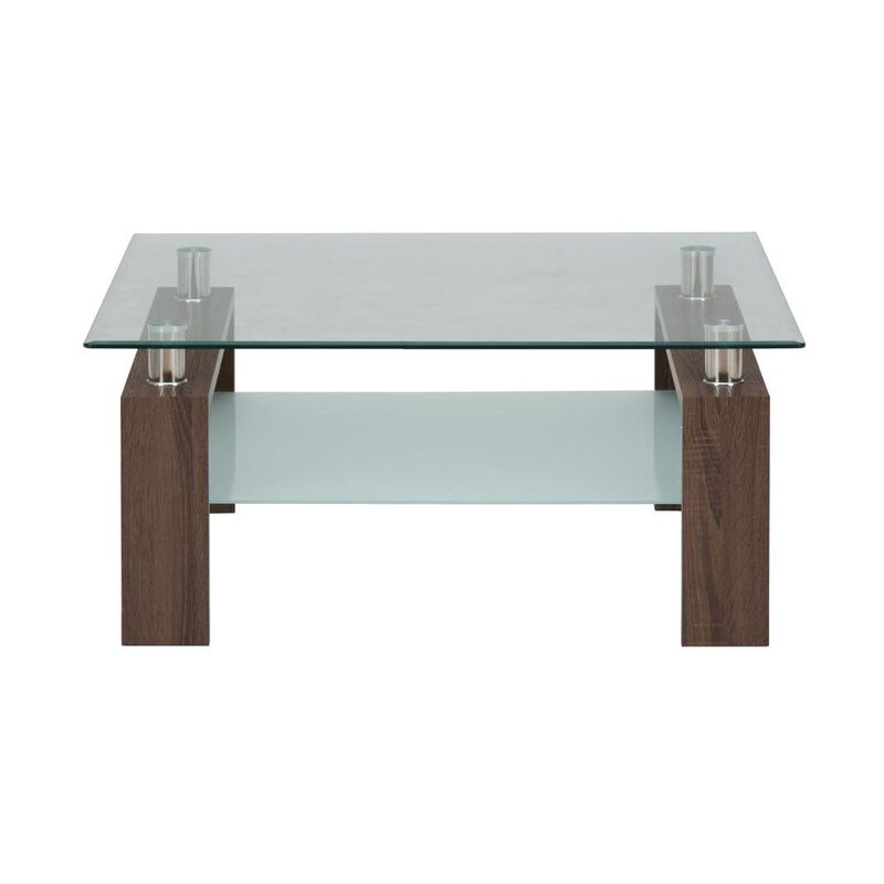 Jofran Compass Clear Modern Glass Square 38 Coffee Table, Brown Wood and Glass