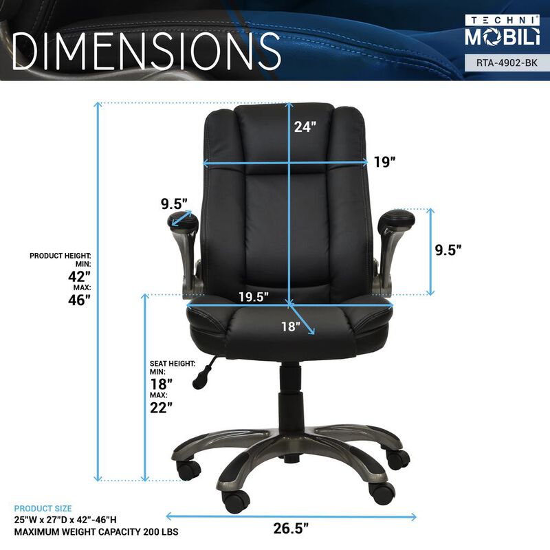 Techni Mobili Medium Back Executive Office Chair with Flip-up Arms. Color: Black