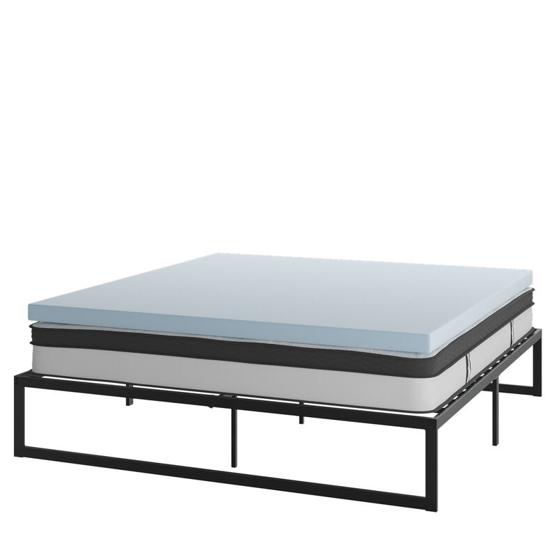 Leo 14 Inch Metal Platform Bed Frame with 10 Inch Pocket Spring Mattress in a Box and 2 Inch Cool Gel Memory Foam Topper - King