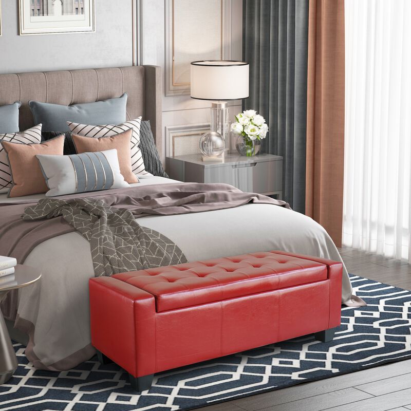 Vibrant Storage Seat: 50.5" Red Faux Leather Tufted Ottoman for Entryways