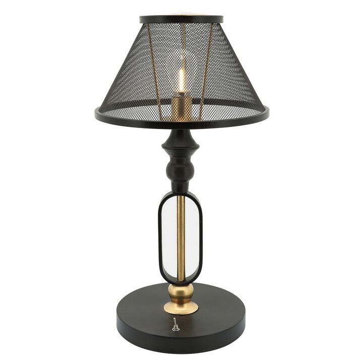 19 Inch Table Lamp, Round Metal Mesh Shade, Hollow Body, Black, Gold Stand - Benzara