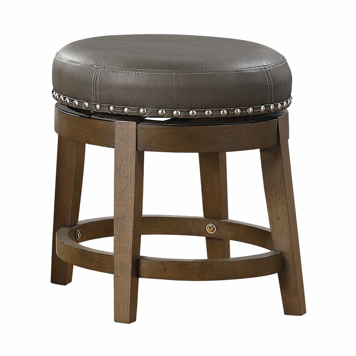 Bara 20 Inch Swivel Dining Stool, Gray Round Faux Leather, Set of 2, Brown - Benzara