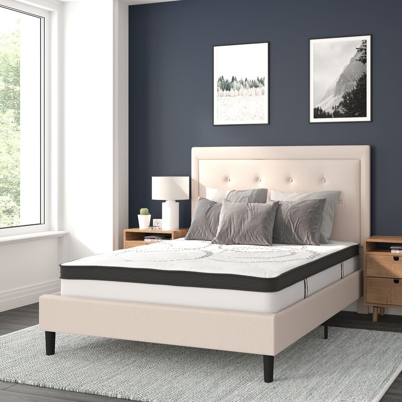 Roxbury Full Size Tufted Upholstered Platform Bed in Beige Fabric with 10 Inch CertiPUR-US Certified Pocket Spring Mattress