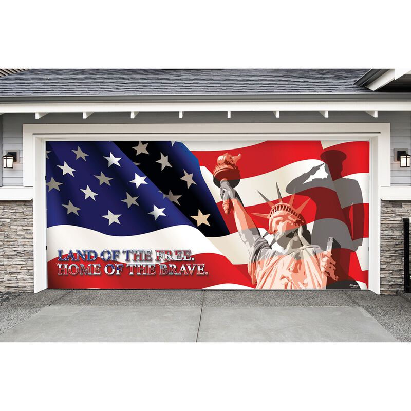 7' x 16' Red and Blue US Liberty Patriotic Single Car Garage Door Banner