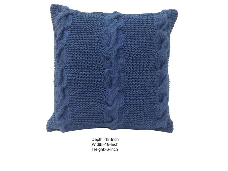 18 X 18 Inch Decorative Cable Knit Hand Woven Cotton Pillow, Blue - Benzara
