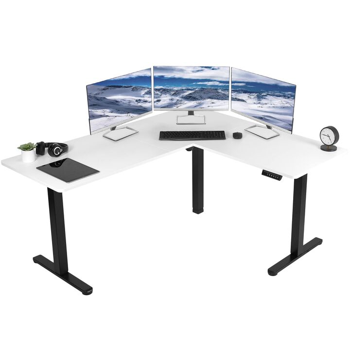 VIVO Electric Height Adjustable 63 x 55 inch Corner Stand Up Desk, White Table Top, Black Frame, L-Shaped Standing Workstation,