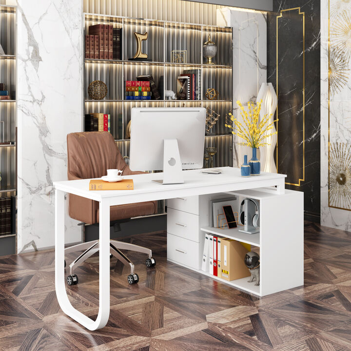 55.1 in. L-Shaped White Wood Writing Desk Executive Desk With USB interface and socket, Shelves, Drawers Home Office Use