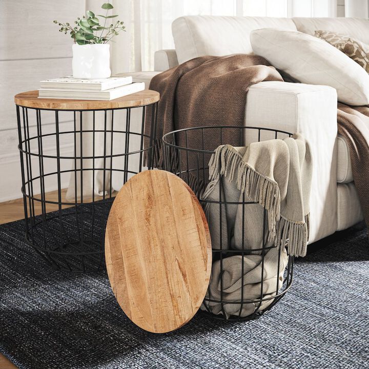 Jofran Global Archive Nested Storage Solid Wood and Metal Basket End Tables (Set of 2)