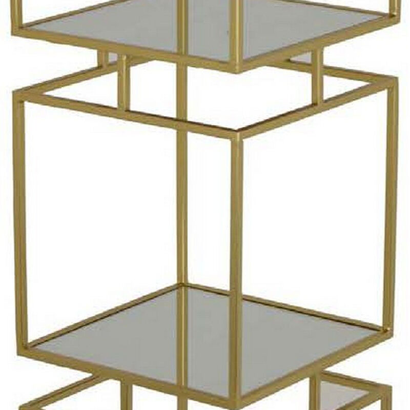 Joy 41 Inch Plant Stand Shelves, Mirrored Box Shape, 3 Tier, Gold Metal - Benzara