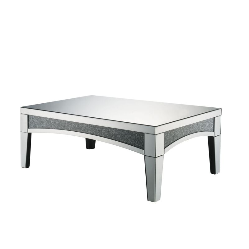 Coffee Table with Mirror Trim and Faux Stone Inlays, Silver-Benzara