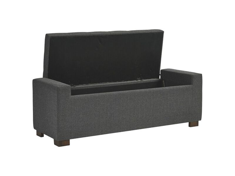 Fabric Tufted Seat Storage Bench with Block Feet, Dark Gray - Benzara