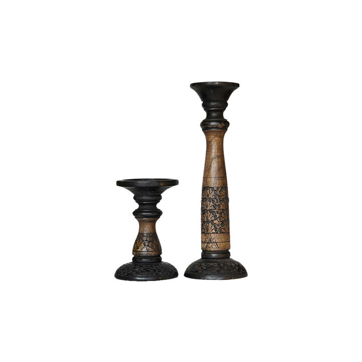 Traditional Black Wash Eco-friendly Handmade Mango Wood Set Of Two 6" & 15" Pillar Candle Holder