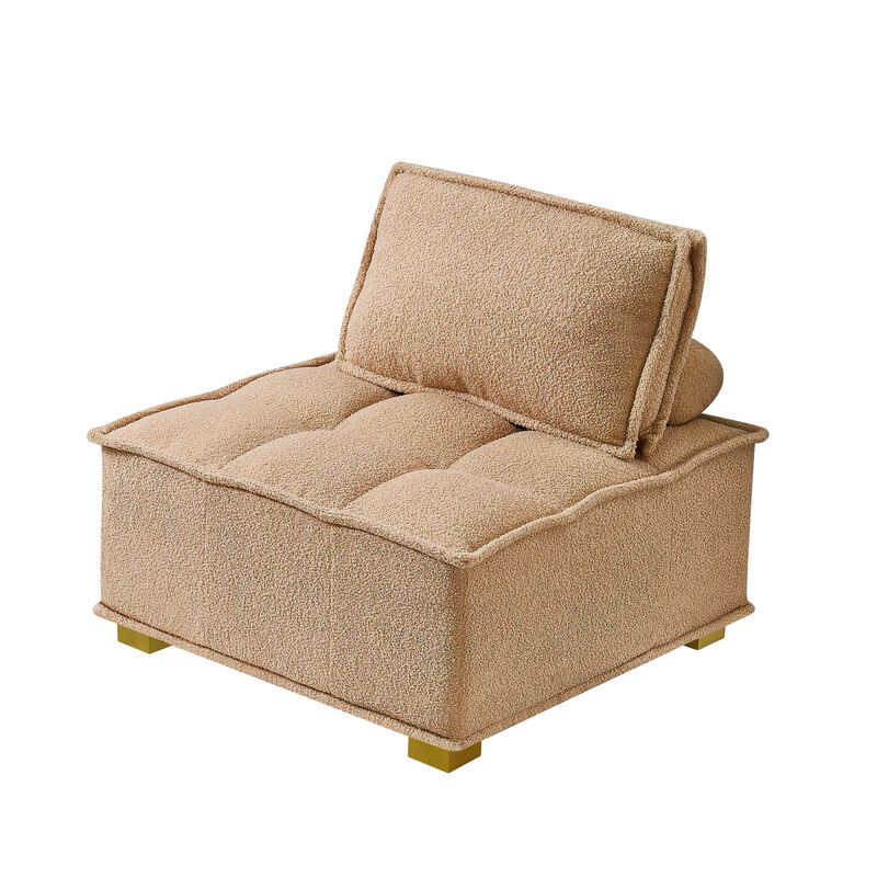 Lazy Sofa Ottoman With Gold Wooden Legs Teddy Fabric (Khaki)