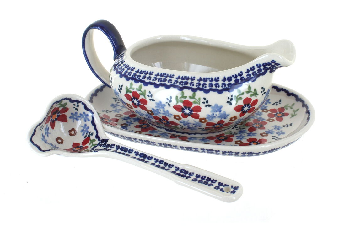 Blue Rose Polish Pottery Summer Vine Gravy Boat & Ladle