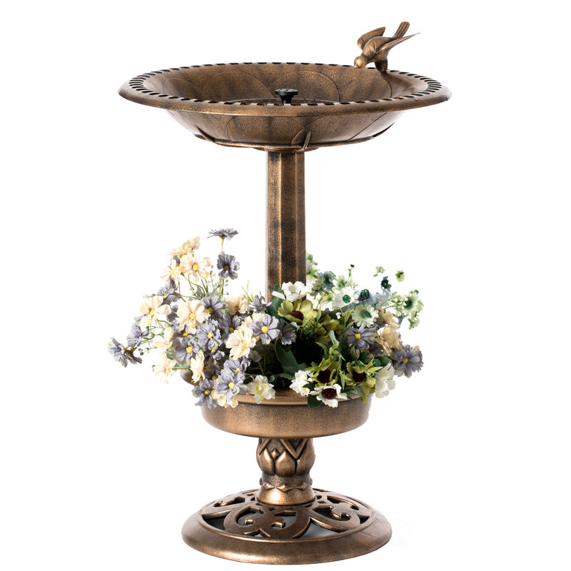 Outdoor Garden Bird Bath and Solar Powered Round Pond Fountain with Planter Bowl, Copper