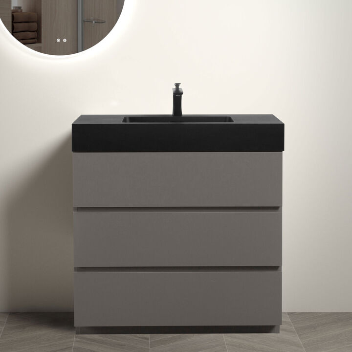 Alice 36" Gray Bathroom Vanity with Sink, Large Storage Freestanding Bathroom Vanity for Modern Bathroom, One-Piece Black Sink Basin without Drain and Faucet