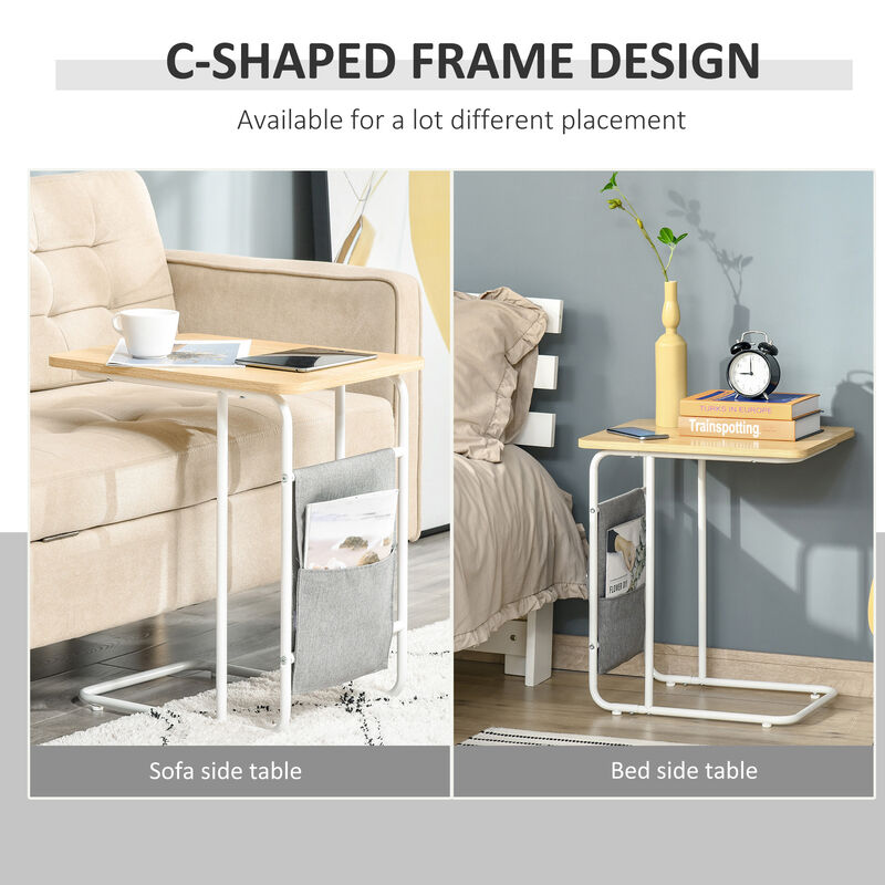 C-Shaped Sofa End Table Small Coffee Table w/ Storage Bag, White, Oak, Grey