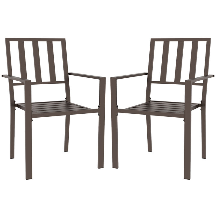 Outsunny Set of 2 Patio Dining Chairs, Stackable Outdoor Garden Bistro Chairs with Metal Slatted Seat & Backrest, for Yard, Garden, Dark Brown