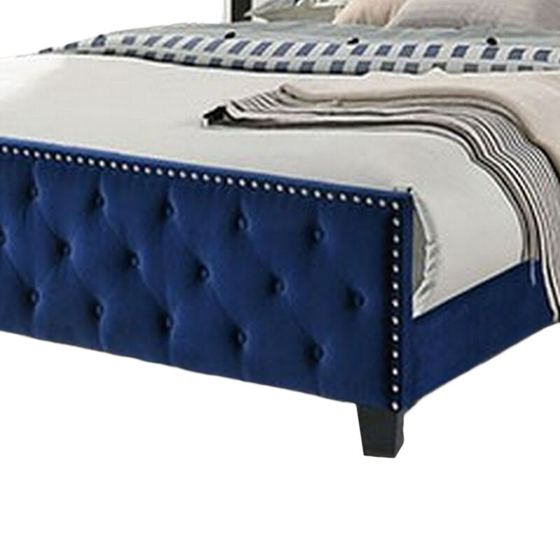 Agapi California King Bed, Button Tufted, Nailhead Trim, Navy Upholstery - Benzara