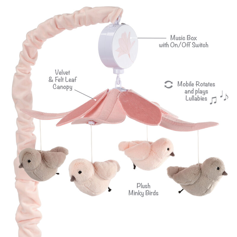 Lambs & Ivy Petals Pink/Gray Birds Musical Baby Crib Mobile Soother Toy