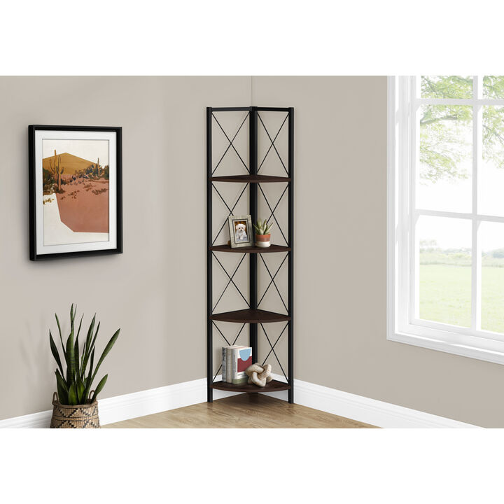 Monarch Specialties I 3645 Bookshelf, Bookcase, Etagere, Corner, 4 Tier, 60"H, Office, Bedroom, Metal, Laminate, Brown, Black, Contemporary, Modern