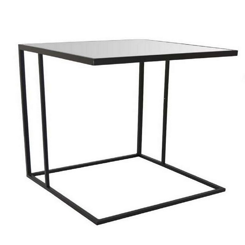 Modern Plant Stand Side Table Set of 2, Square Marble Stackable Black Metal - Benzara