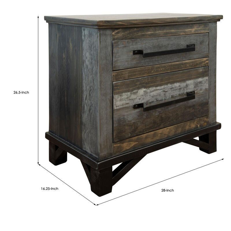 Peya 28 Inch Rustic Nightstand, 2 Drawers, Distress Gray, Brown Pine Wood-Benzara