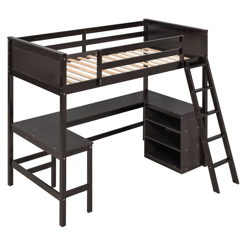 Twin Size Loft Bed With Shelves And Desk, Wooden Loft Bed With Desk