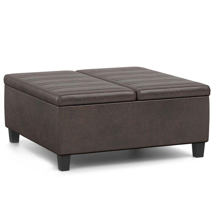 Ellis 36 inch Wide Contemporary Square Coffee Table Storage Ottoman in Distressed Brown Vegan Faux Leather, Assembled