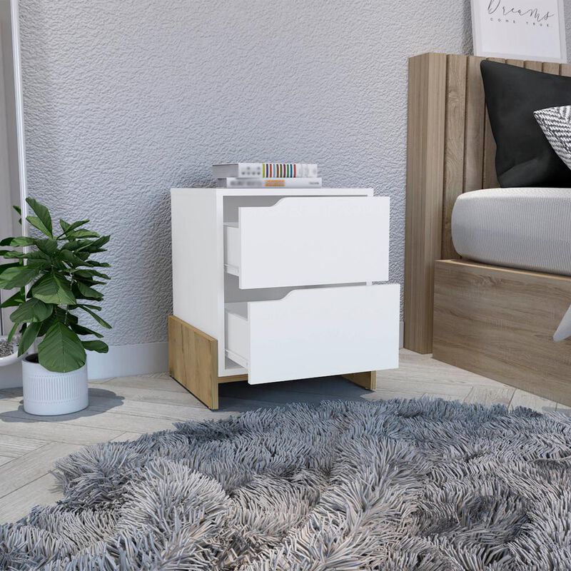 Haines Nightstand with 2-Drawers, End Table with Sturdy Base, White / Macadamia