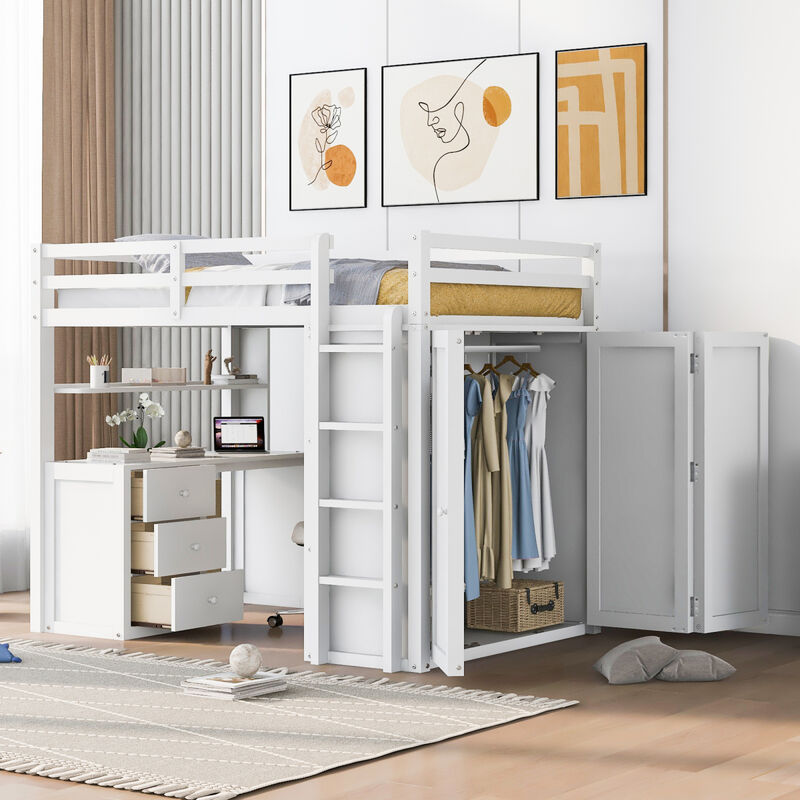 Full size Loft Bed with Drawers, Desk, and Wardrobe-White