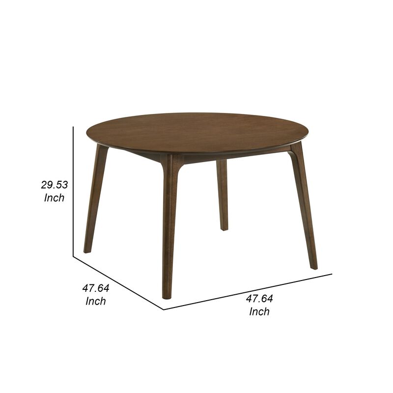 Kiq 48 Inch Dining Table, Wood, Round Tabletop, Angled Legs, Walnut Brown - Benzara