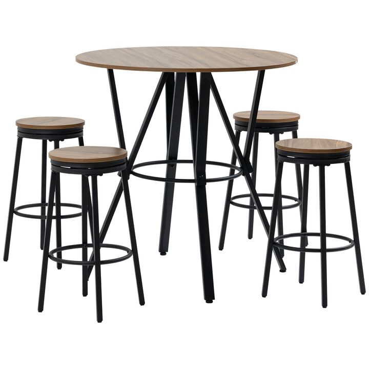 Industrial Bar Table and Chairs Set, Light Brown, Round Table, Swivel Stools