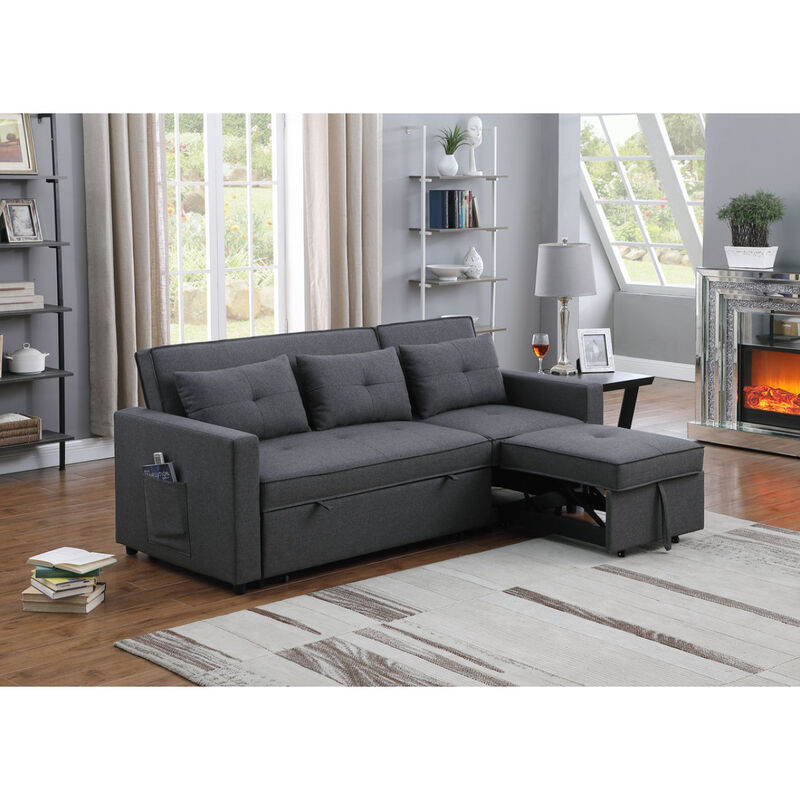 Zoey Dark Gray Linen Convertible Sleeper Sofa with Side Pocket
