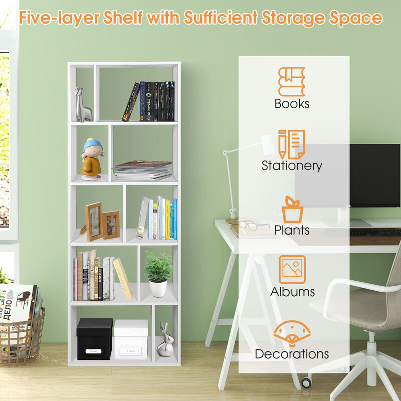 66 Inch Tall 5 Tiers Wood Bookshelf with 10 Open Compartments-White