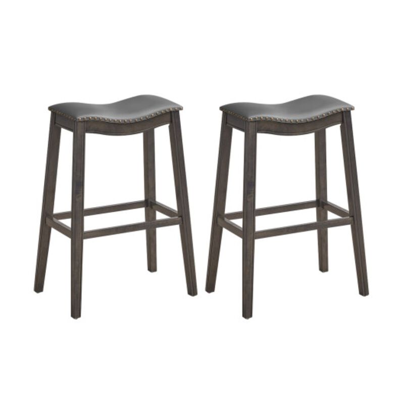 Set of 2 Backless Wood Nailhead Barstools with PVC Leather Seat