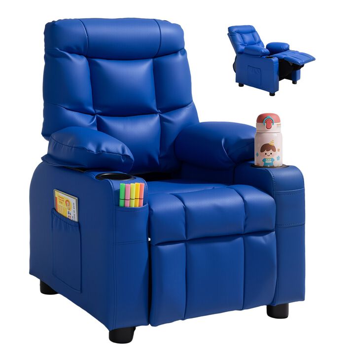 Kids Recliner Chair with Pockets and Cup Holders – Adjustable PU Leather Couch