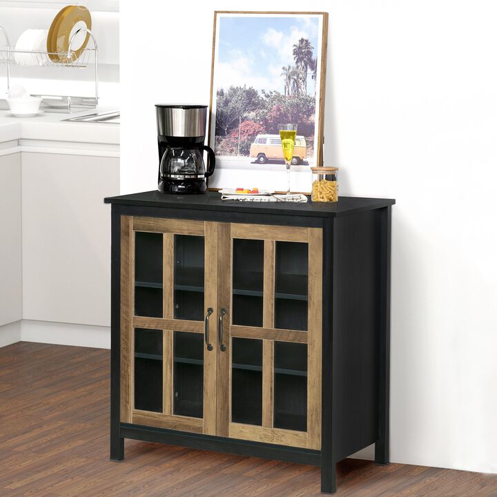 Kitchen Sideboard, Glass Door Buffet Cabinet, Accent Cupboard with Adjustable Storage Shelf for Living Room, Black Wood Grain