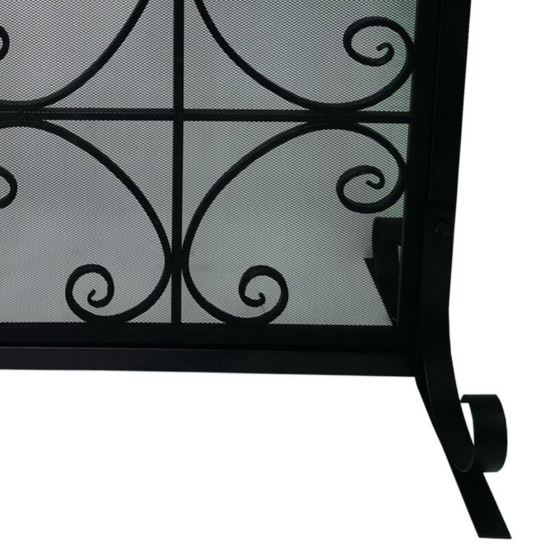 43 Inches 2 Door Iron Fireplace Screen, Mesh Design, Scrollwork, Black-Benzara