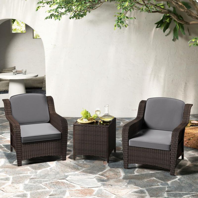 Hivvago 3 Pieces Outdoor Rattan Furniture Set with Cushions and Tempered Glass Coffee Table