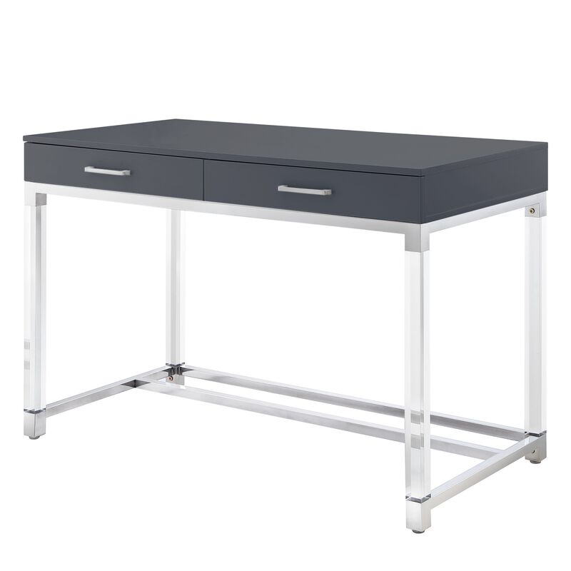 Inspired Home Kalel High Gloss 2 Drawers Writing Desk with Acrylic Legs and Stainless Steel Base