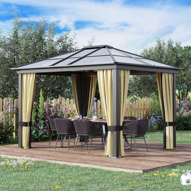 Outsunny 10' x 10' Hardtop Gazebo Canopy with Polycarbonate Roof, Aluminum Frame, Permanent Pavilion Outdoor Gazebo with Netting and Curtains for Patio, Garden, Backyard, Lawn, Deck