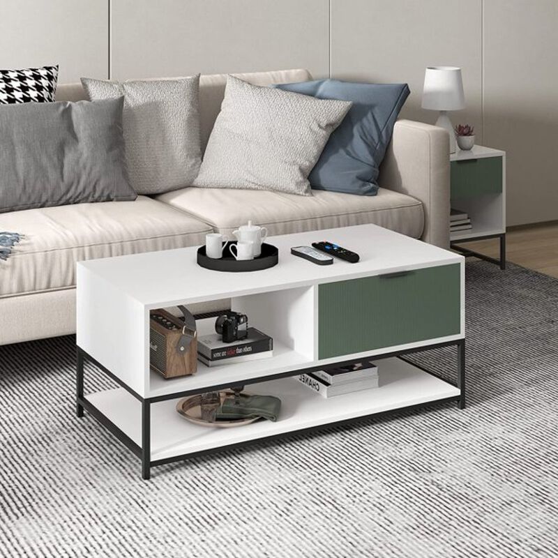 Watson White And Green Wood Coffee Table Steel Frame With Shelves And Drawer