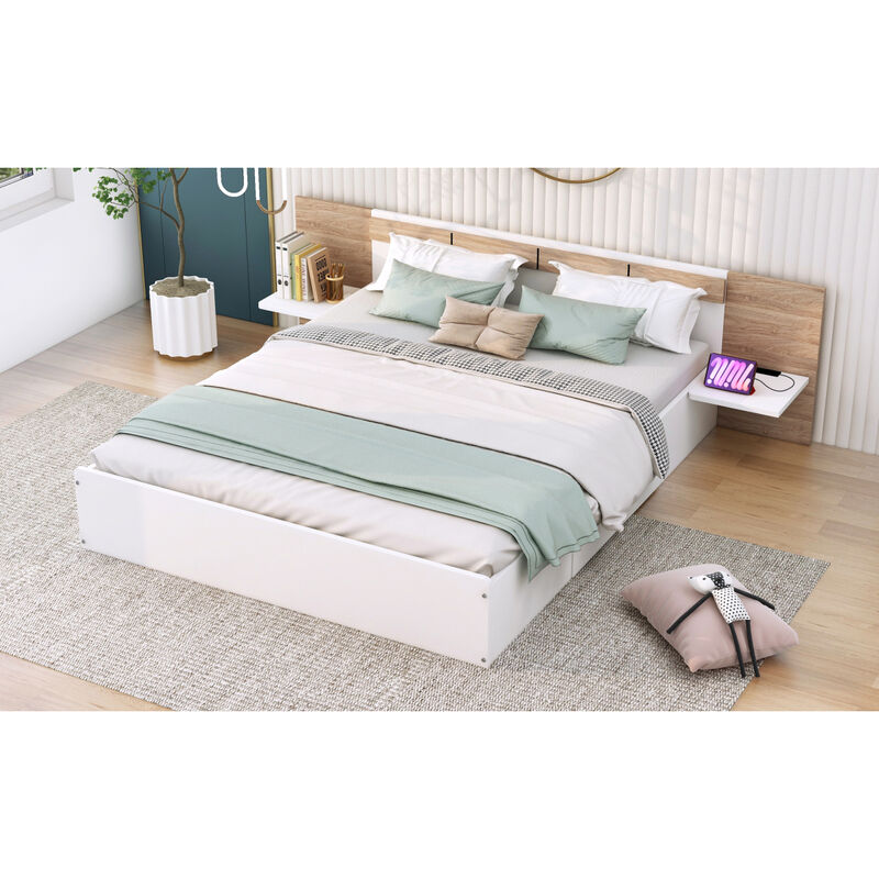 Queen Size Platform Bed with Headboard, Drawers, Shelves, USB Ports and Sockets, White