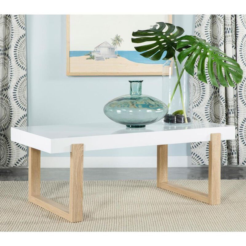 Pala Rectangular Coffee Table with Sled Base White High Gloss and Natural