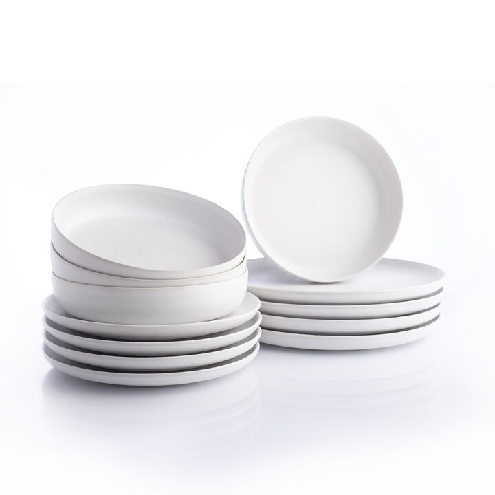 Porto by Stone Lain Macchio Stoneware 12 Piece Dinnerware Set, White Matte